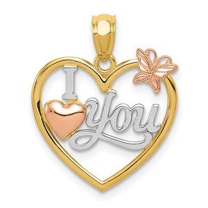 14k Two-tone Genuine Gold White Rhod I LOVE YOU Heart Butterfly Necklace Pendant
